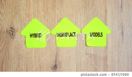 Hybrid workplace models and support symbol. Concept words Hybrid workplace models on green paper on clothespins. Beautiful wooden background. Business Hybrid workplace models quote concept. Copy space Hybrid workplace models and support symbol. Concept words Hybrid workplace models on green paper on clothespins. Beautiful wooden background. Business Hybrid workplace models quote concept. Copy space 95415990