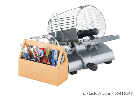 Slicing machine with tool box, 3D rendering Slicing machine with tool box, 3D rendering 95416147