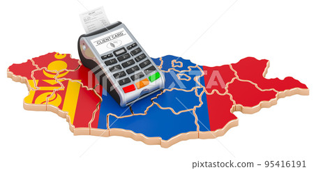 Mongolian map with POS terminal. Cashless payments in Mongolia concept. 3D rendering Mongolian map with POS terminal. Cashless payments in Mongolia concept. 3D rendering 95416191