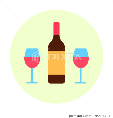 Wine bottle and two glasses flat colorful circle icon isolated on white background. Red wine alcohol beverage symbol. Romantic event celebration logo design. Abstract drink minimal vector illustration Wine bottle and two glasses flat colorful circle icon isolated on white background. Red wine alcohol beverage symbol. Romantic event celebration logo design. Abstract drink minimal vector illustration 95416794