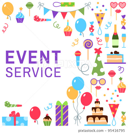 Event service background with circle text space. Birthday party carnival festival celebration frame with fun colorful flat elements cake present balloons champagne hat muffin candy vector illustration 95416795
