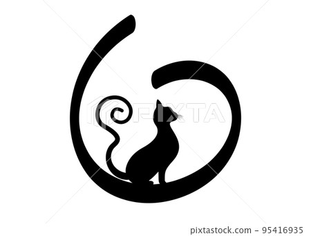 Black cat silhouette with curly tail, feline animal round logo template, vector illustration isolated on a white background Black cat silhouette with curly tail, feline animal round logo template, vector illustration isolated on a white background 95416935