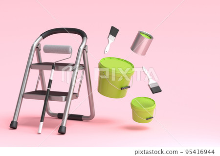 Set of metal cans or buckets with paint roller, brush and folding ladder on pink 95416944