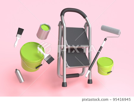 Set of metal cans or buckets with paint roller, brush and folding ladder on pink 95416945