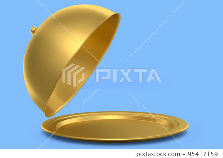 Gold tray with cloche ready to serve isolated on blue background Gold tray with cloche ready to serve isolated on blue background 95417159