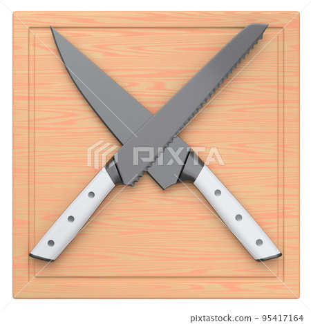 Chef's kitchen knives on a wooden board isolated on white background. 95417164