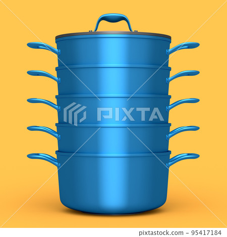 Set of stainless steel stewpot and chrome plated cookware on yellow background 95417184
