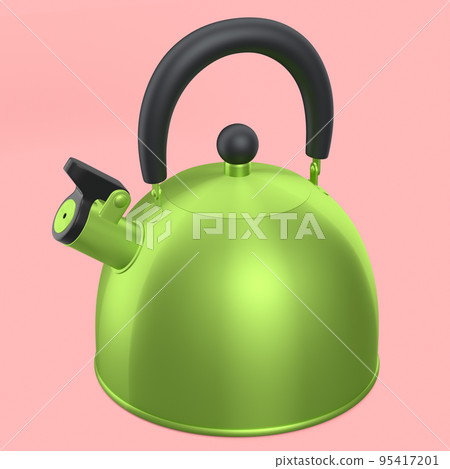 Stainless steel stovetop kettle with whistle isolated on pink background. 95417201