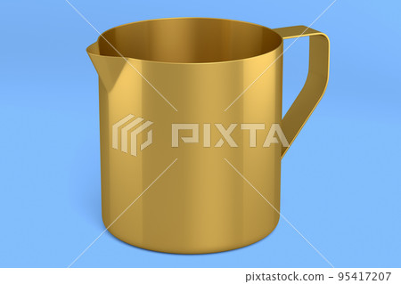 Stainless steel milk frothing pitcher cup with handle on blue background. 95417207