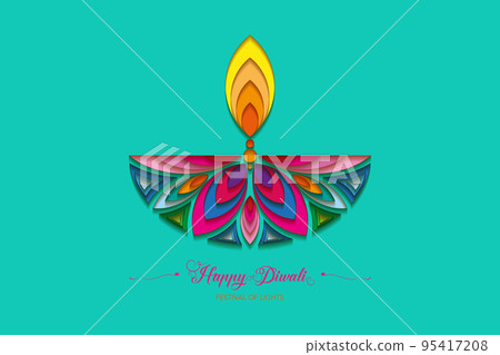 Happy Diwali Festival of Lights India Celebration colorful logo template. Graphic banner design of Indian flower Diya Oil Lamp, Modern Design in vibrant colors. Vector isolated on green background 95417208