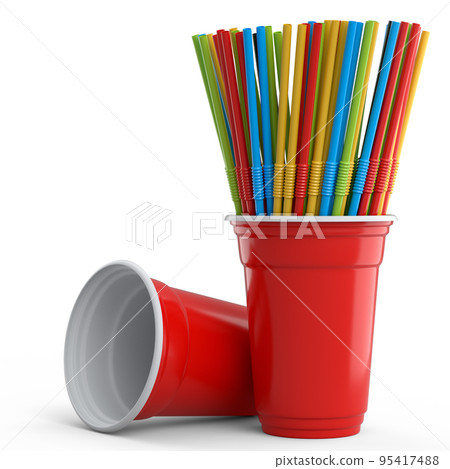 Set of plastic disposable party cups for coffee with heap straw on white 95417488