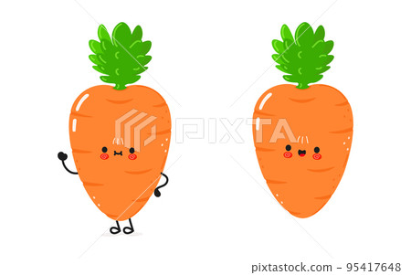 Cute funny carrot waving hand character. Vector hand drawn cartoon kawaii character illustration icon. Isolated on white background. Carrot character concept 95417648