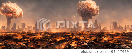 Post apocalypse. Nuclear apocalypse survivor. Ruined Cityscape. Concept. Banner size. Header 95417689