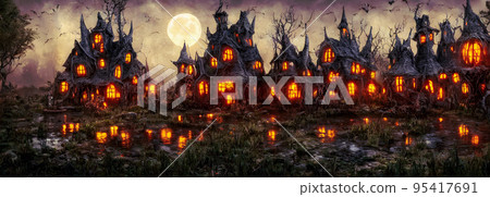 Halloween background. Witch hut. Banner size. Longer Horizontal Position. website header. 3d illustration Halloween background. Witch hut. Banner size. Longer Horizontal Position. website header. 3d illustration 95417691