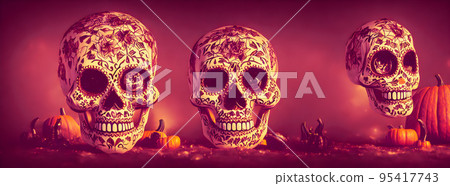 Day of the Dead skulls. Dia de los muertos. Day of the dead and mexican Halloween background. Mexican tradition festival. Day of the dead sugar skull. Dia de los Muertos 95417743