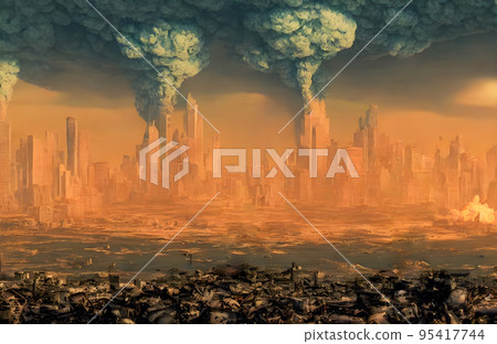 Post apocalypse. Nuclear apocalypse survivor. Ruined Cityscape. Concept 95417744