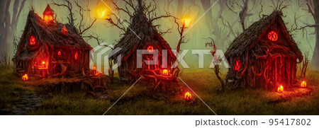 Halloween background. Witch hut. Banner size. Longer Horizontal Position. website header. 3d illustration 95417802