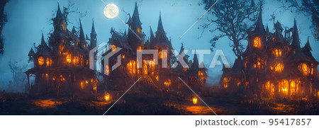 Halloween background. Witch hut. Banner size. Longer Horizontal Position. website header. 3d illustration Halloween background. Witch hut. Banner size. Longer Horizontal Position. website header. 3d illustration 95417857