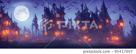 Halloween background. Witch hut. Banner size. Longer Horizontal Position. website header. 3d illustration 95417897