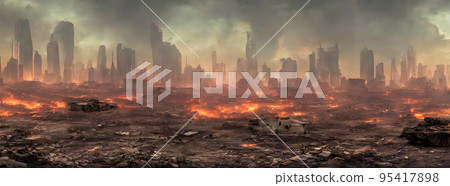 Post apocalypse. Nuclear apocalypse survivor. Ruined Cityscape. Concept. Banner size. Header 95417898