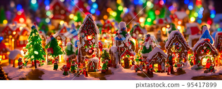 Abstract gingerbread fairy town village with bokeh and christmas lights as advent decoration. Banner size. 3d 95417899