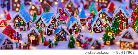 Abstract gingerbread fairy town village with bokeh and christmas lights as advent decoration. Banner size. 3d Abstract gingerbread fairy town village with bokeh and christmas lights as advent decoration. Banner size. 3d 95417908
