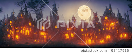 Halloween background. Witch hut. Banner size. Longer Horizontal Position. website header. 3d illustration 95417916