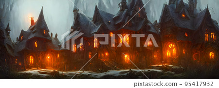 Haunted House. Creepy Atmosphere for Halloween. Fog, Moon light. Illuminated windows. Banner header size 95417932