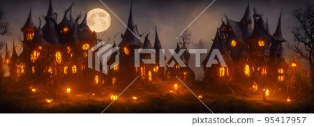 Halloween background. Witch hut. Banner size. Longer Horizontal Position. website header. 3d illustration 95417957