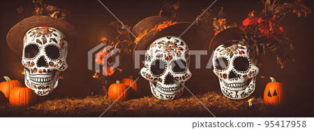 Day of the Dead skulls. Dia de los muertos. Day of the dead and mexican Halloween background. Mexican tradition festival. Day of the dead sugar skull. Dia de los Muertos 95417958