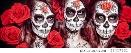 Day of the Dead skulls. Dia de los muertos. Day of the dead and mexican Halloween background. Mexican tradition festival. Day of the dead sugar skull. Dia de los Muertos 95417961
