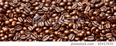 Coffee beans background. Banner size. 3d image 95417970