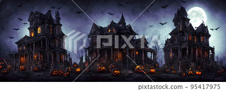Haunted House. Creepy Atmosphere for Halloween. Fog, Moon light. Illuminated windows. Banner header size 95417975