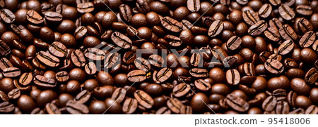 Coffee beans background. Banner size. 3d image Coffee beans background. Banner size. 3d image 95418006