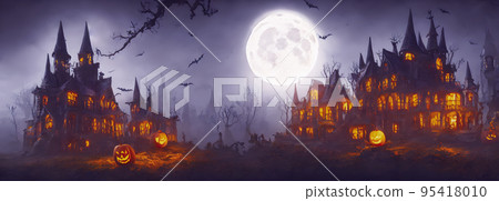 Halloween background. Witch hut. Banner size. Longer Horizontal Position. website header. 3d illustration Halloween background. Witch hut. Banner size. Longer Horizontal Position. website header. 3d illustration 95418010
