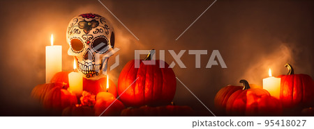 Day of the Dead skulls. Dia de los muertos. Day of the dead and mexican Halloween background. Mexican tradition festival. Day of the dead sugar skull. Dia de los Muertos 95418027
