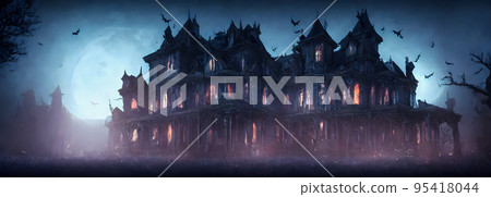 Haunted House. Creepy Atmosphere for Halloween. Fog, Moon light. Illuminated windows. Banner header size Haunted House. Creepy Atmosphere for Halloween. Fog, Moon light. Illuminated windows. Banner header size 95418044