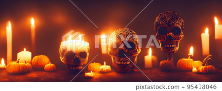 Day of the Dead skulls. Dia de los muertos. Day of the dead and mexican Halloween background. Mexican tradition festival. Day of the dead sugar skull. Dia de los Muertos 95418046