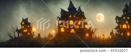 Halloween background. Witch hut. Banner size. Longer Horizontal Position. website header. 3d illustration Halloween background. Witch hut. Banner size. Longer Horizontal Position. website header. 3d illustration 95418057