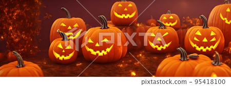 Jack O Lanterns - Halloween Background. Banner size. website header. 3d illustration Jack O Lanterns - Halloween Background. Banner size. website header. 3d illustration 95418100