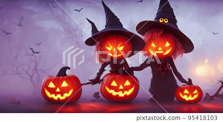 Halloween background. Fantasy cute witch. Abstract concept. 3d Halloween background. Fantasy cute witch. Abstract concept. 3d 95418103