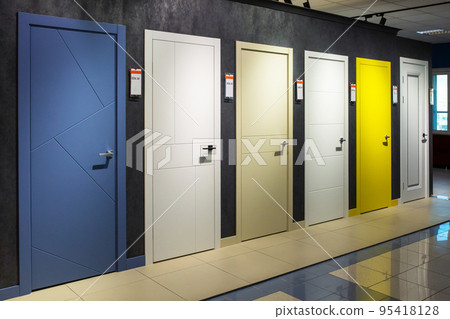 Shop window of doors. A large selection of doors for house. Shop window of doors. A large selection of doors for house. 95418128