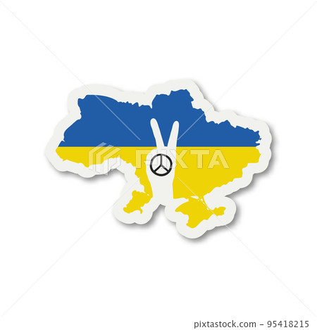 Hand Gesture Pacific Sign on the Background of the Map of Ukraine in the Colors of the Ukrainian Flag. Anti War Call, Symbol, Paper Sticker. Struggle, Protest, Support Ukraine. Vector Illustration Hand Gesture Pacific Sign on the Background of the Map of Ukraine in the Colors of the Ukrainian Flag. Anti War Call, Symbol, Paper Sticker. Struggle, Protest, Support Ukraine. Vector Illustration 95418215