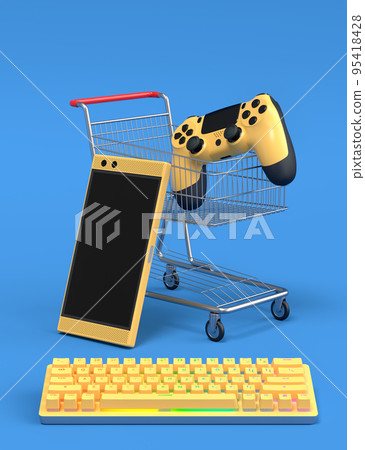 Gamer gears like keyboard, joystick and phone in shopping trolley on blue 95418428