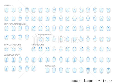 Set of necklines clothes - collars, plackets, knits, sweaters, tops, strapless, turtlenecks, tank technical fashion 95418982