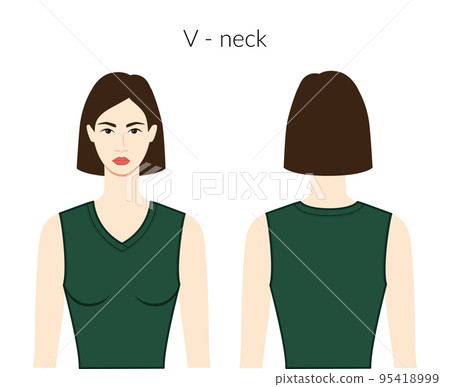 V - neckline clothes knits, sweaters character beautiful lady in emerald top, shirt dress technical fashion illustration 95418999