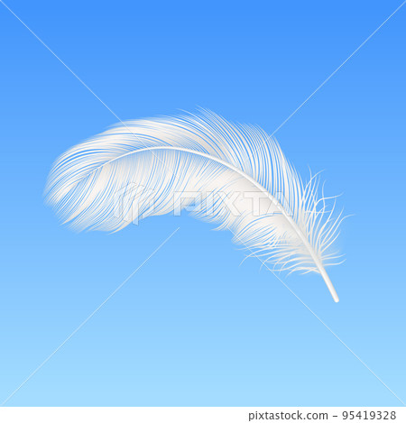 Vector 3d Realistic Falling White Fluffy Feather Closeup on Blue Sky Background. Design Template of Angel, Bird Detailed Feather. Lightness and Freedom Concept 95419328