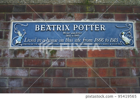 Blue plaque outside the house where Beatrix Potter lived for some time. Blue plaque outside the house where Beatrix Potter lived for some time. 95419565