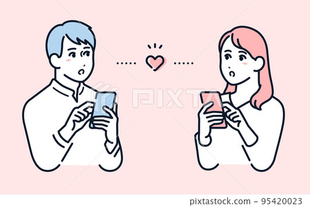 使用匹配應用程序的年輕男女的矢量插圖素材 95420023