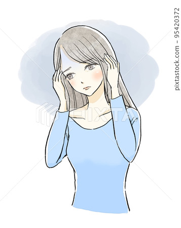 A woman holding her temple with a headache or stress 2 A woman holding her temple with a headache or stress 2 95420372